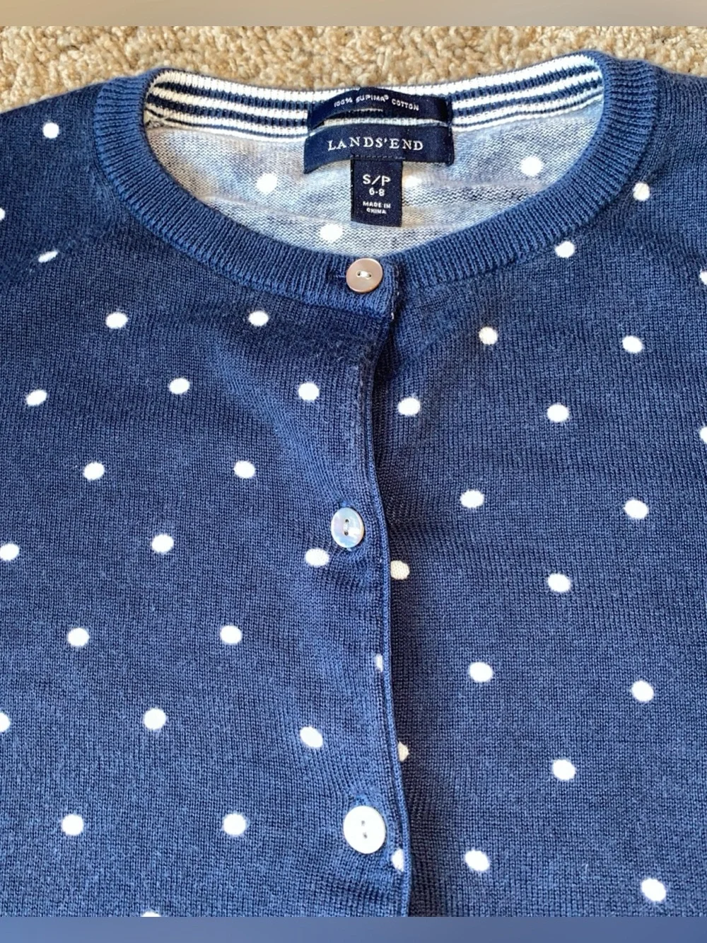 Lands End Cardigan Sweater Womens S Navy Polka Dot Supima Cotton Button Career